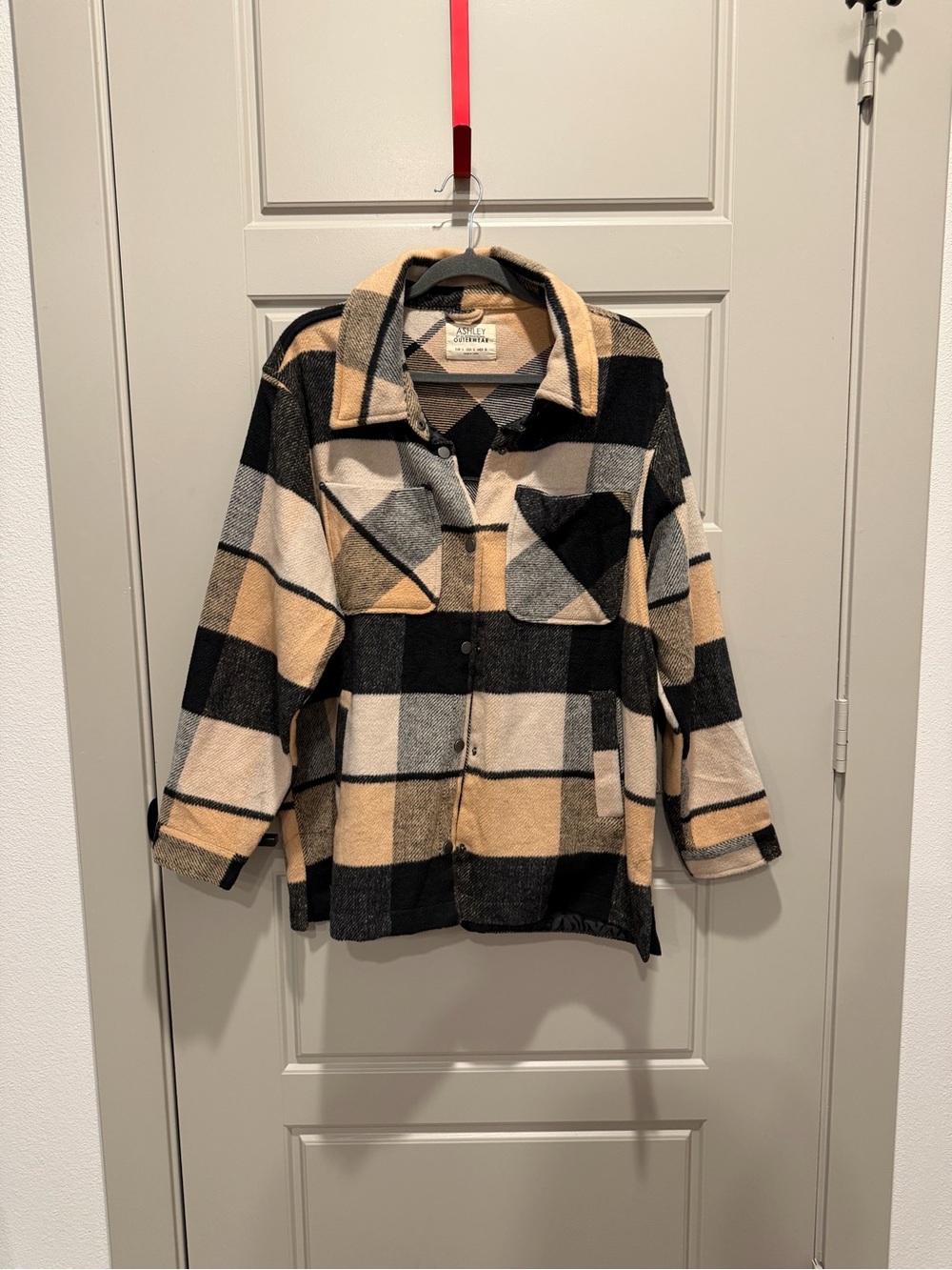 Ashley By 26 International Beige, Black & Cream Plaid Teddy Shacket